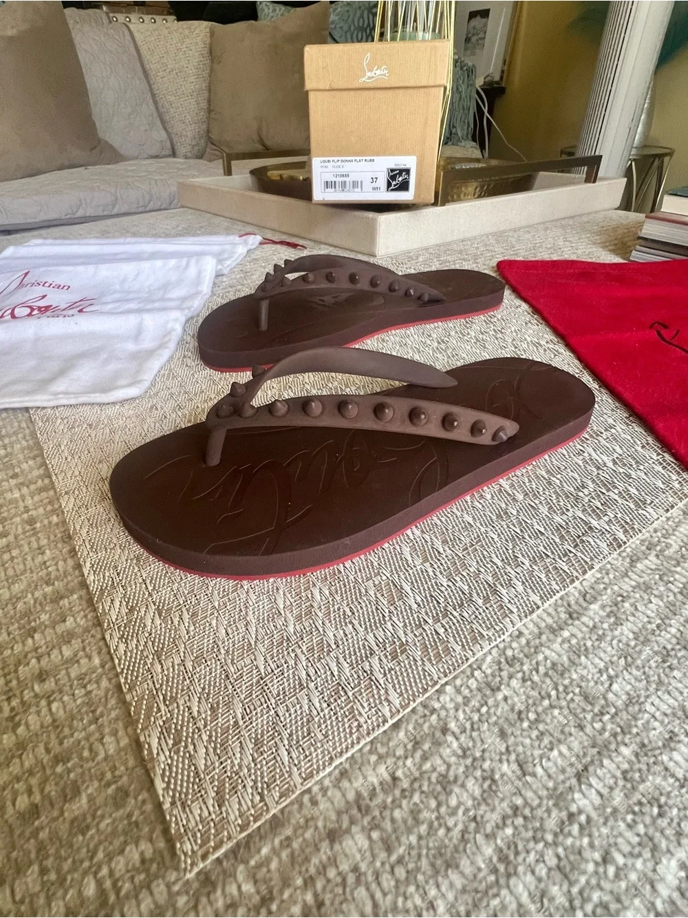 Christian Louboutin Loubi Donna Brown Studded Flip Flop Sandals-Size 37 - Picture 5 of 10
